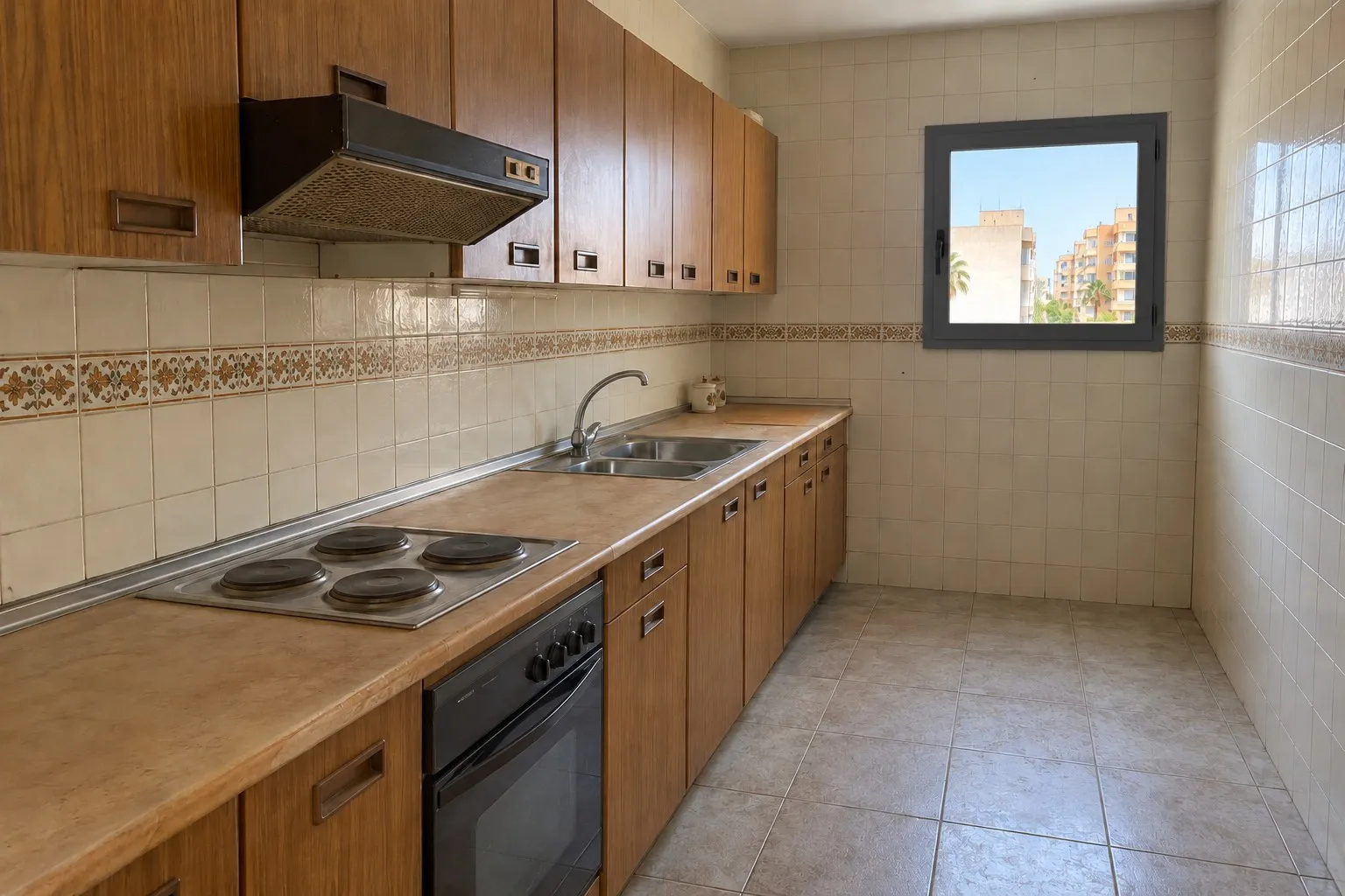 Cocina en línea con muebles de madera y placa eléctrica antigua en Los Pacos, Fuengirola, antes de la reforma