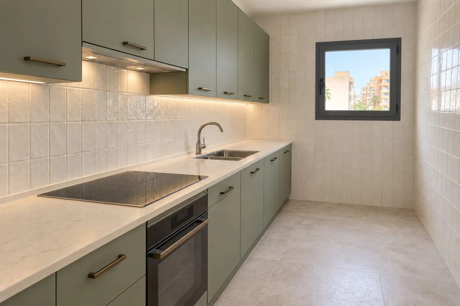 Cocina en línea reformada en Los Pacos, Fuengirola, con muebles verdes, encimera clara y placa de inducción